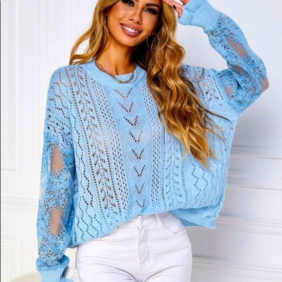 HP!! 💜💜 NWT! CONTRAST LACE POINTELLE KNIT DROP SHOULDER SWEATER IN BABY BLUE! - Picture 4 of 11